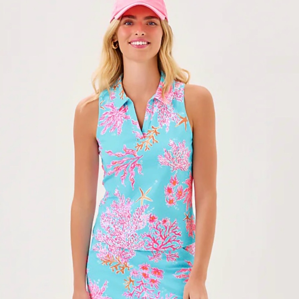 Lilly Pulitzer UPF 50 + Luxletic Alister Polo Top  Multi Royal Coral L NWT $118